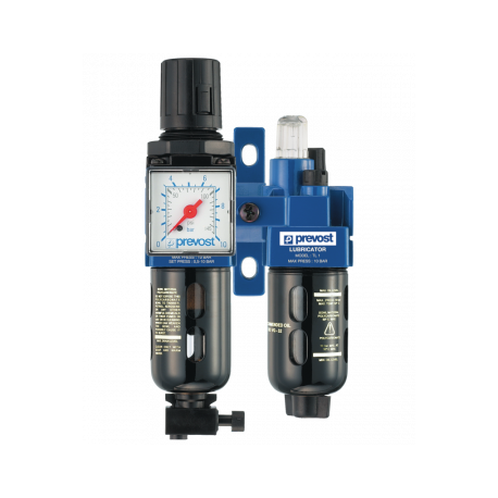 Ensemble de filtration d'air G 1/4 : Filtre régulateur lubrificateur 2 blocs avec manomètre et fixation, G 1/4, 500 l/min à 7 bar