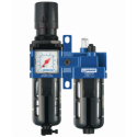 Ensemble de filtration d'air G 3/8 : Filtre régulateur lubrificateur 2 blocs avec manomètre et fixation, G 3/8, 1 250 l/min à 7 bar