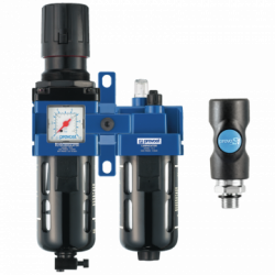 Ensemble de filtration d'air G 1/2 : Filtre régulateur lubrificateur 2 blocs avec manomètre et fixation équipé d'un raccord de sécurite prevoS1, G 1/2, 2 800 l/min à 7 bar