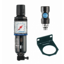 Ensemble de filtration d'air G 1/4 : Filtre régulateur lubrificateur 2 blocs avec manomètre et fixation équipé d'un raccord rapide de securité prevoS1 ISI 06, G 1/4, 500 l/min à 7 bar