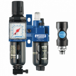 Ensemble de filtration d'air G 1/4 : Filtre régulateur lubrificateur 2 blocs avec manomètre et fixation équipé d'un raccord rapide de securité prevoS1 ESI 07, G 1/4, 500 l/min à 7 bar