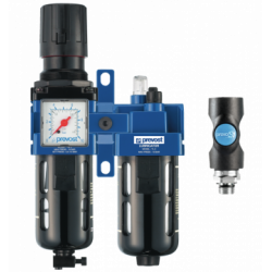 Ensemble de filtration d'air G 3/8 : Filtre régulateur lubrificateur 2 blocs avec manomètre et fixation équipé d'un raccord rapide de sécurité prevoS1 ISI 06, G 3/8, 1 250 l/min à 7 bar