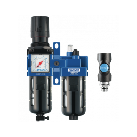 Ensemble de filtration d'air G 3/8 : Filtre régulateur lubrificateur 2 blocs avec manomètre et fixation équipé d'un raccord rapide de sécurité prevoS1 ISI 06, G 3/8, 1 250 l/min à 7 bar