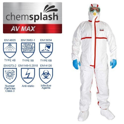 25 combinaisons Chemsplash AV Max, types 4/5/6, couleur blanche et coutures rouge, taille S
