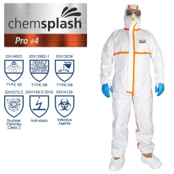 25 combinaisons Chemsplash Pro +4, types 4/5/6, couleur blanche et coutures orange